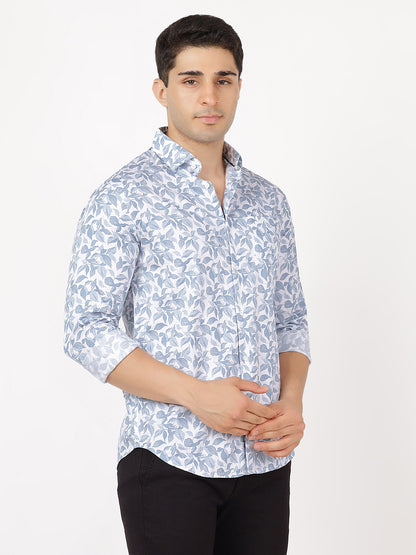 Print Long Sleeves Blue & White Leafy Print