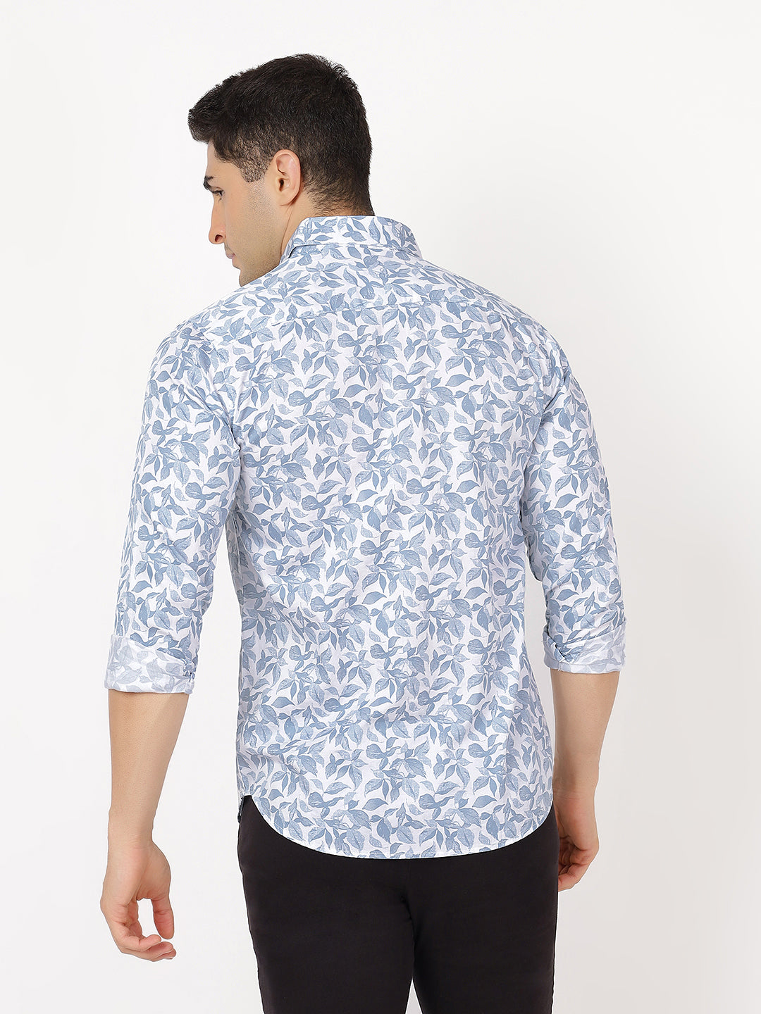 Print Long Sleeves Blue & White Leafy Print