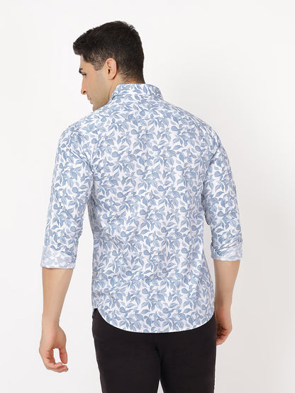 Print Long Sleeves Blue & White Leafy Print