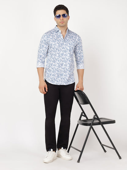 Print Long Sleeves Blue & White Leafy Print