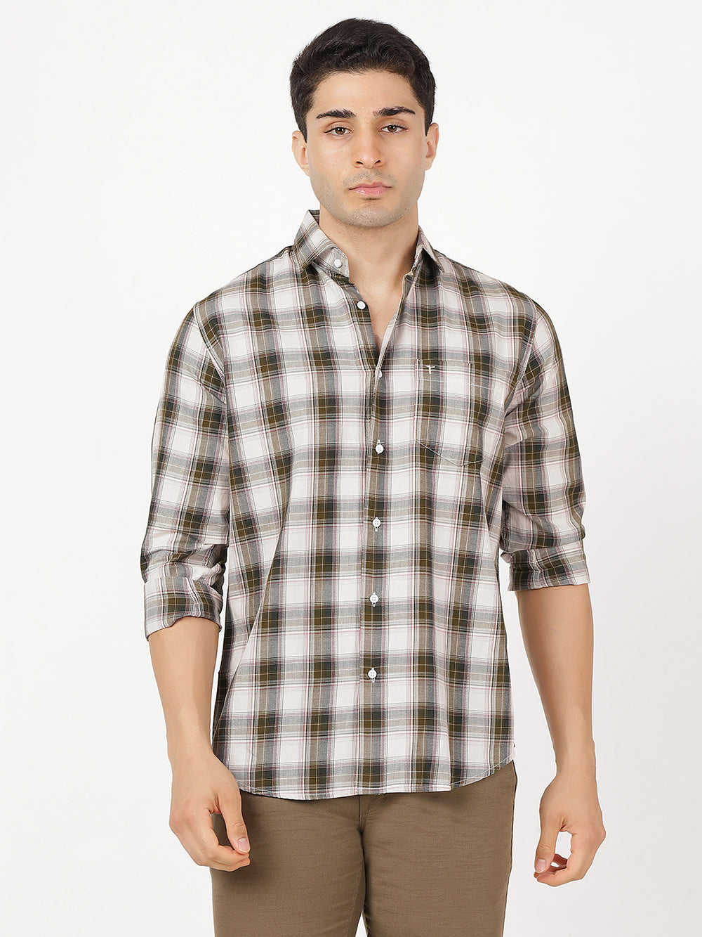 Check Long Sleeves Green, Brown & White Check (100% Cotton)