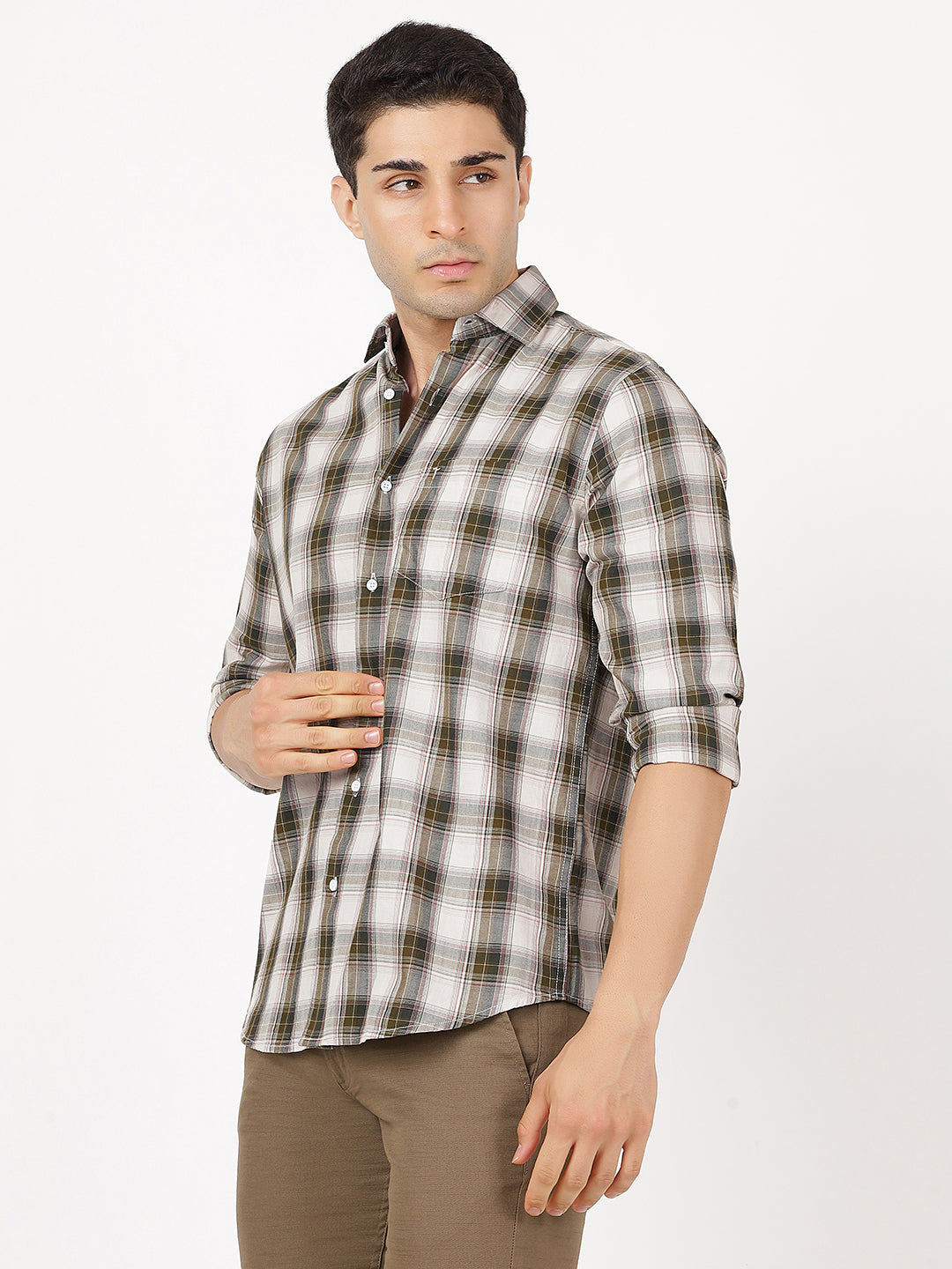 Check Long Sleeves Green, Brown & White Check (100% Cotton)