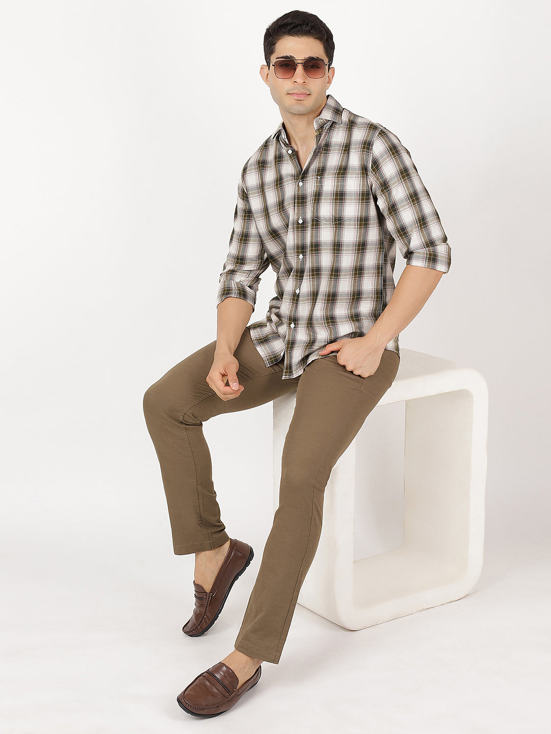 Check Long Sleeves Green, Brown & White Check (100% Cotton)