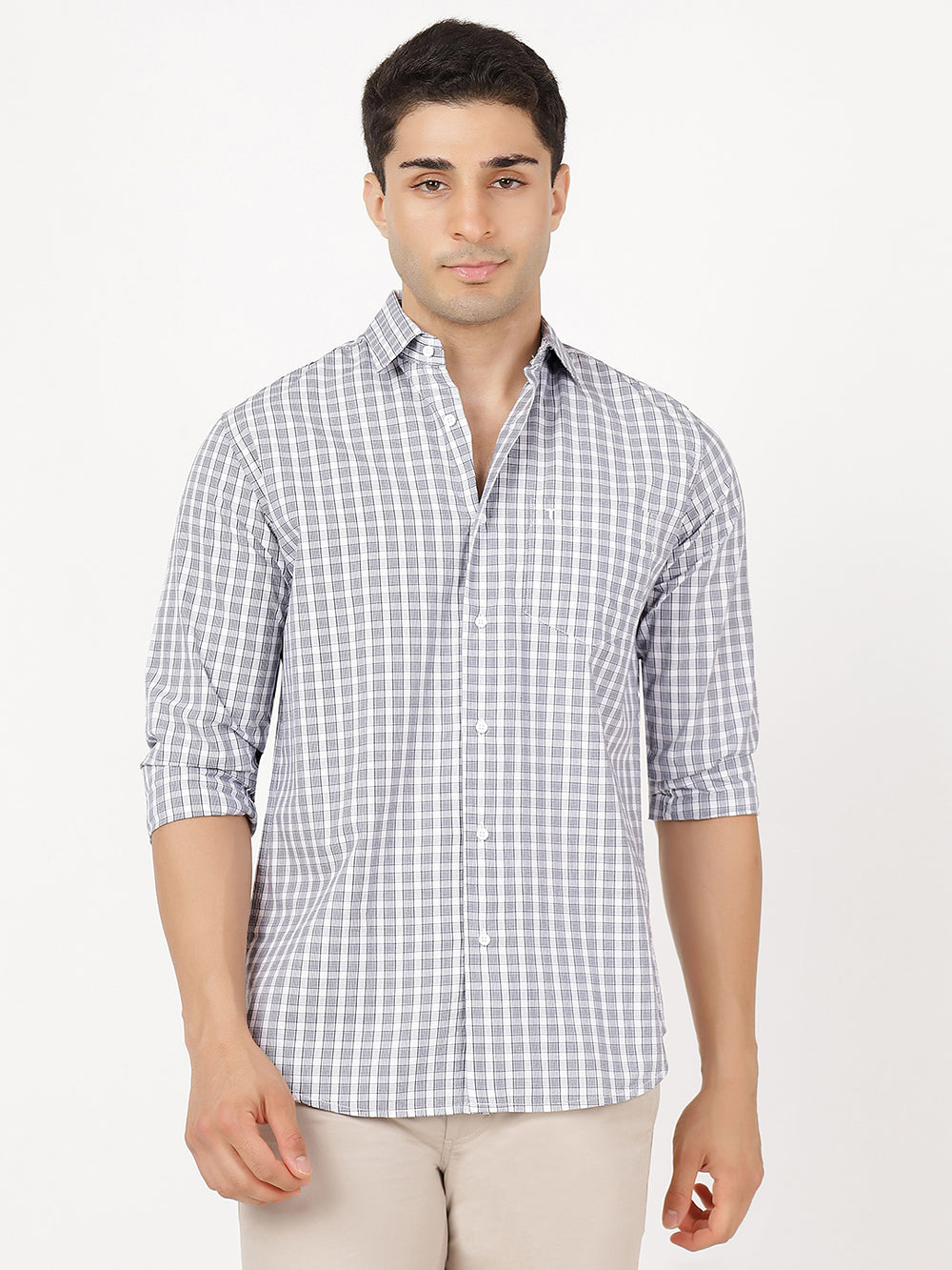 Check Long Sleeves Grey & White Small Check (100% Cotton)