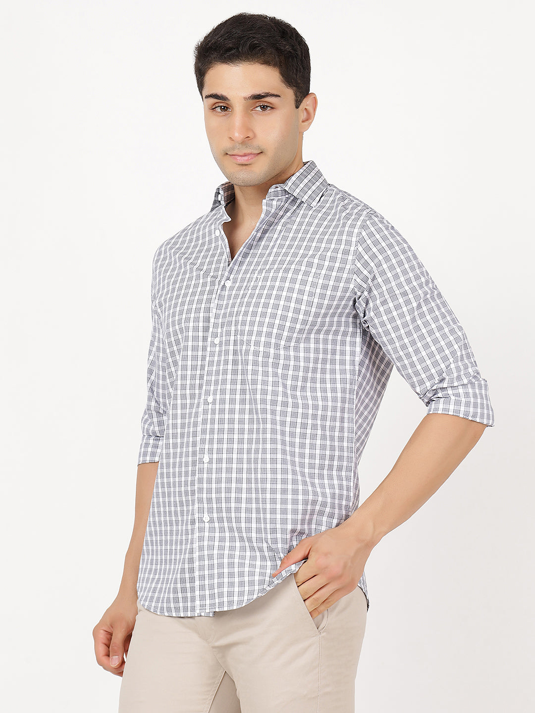 Check Long Sleeves Grey & White Small Check (100% Cotton)