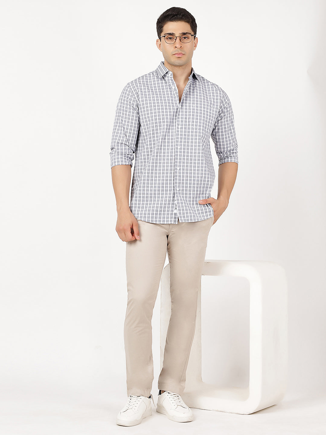Check Long Sleeves Grey & White Small Check (100% Cotton)