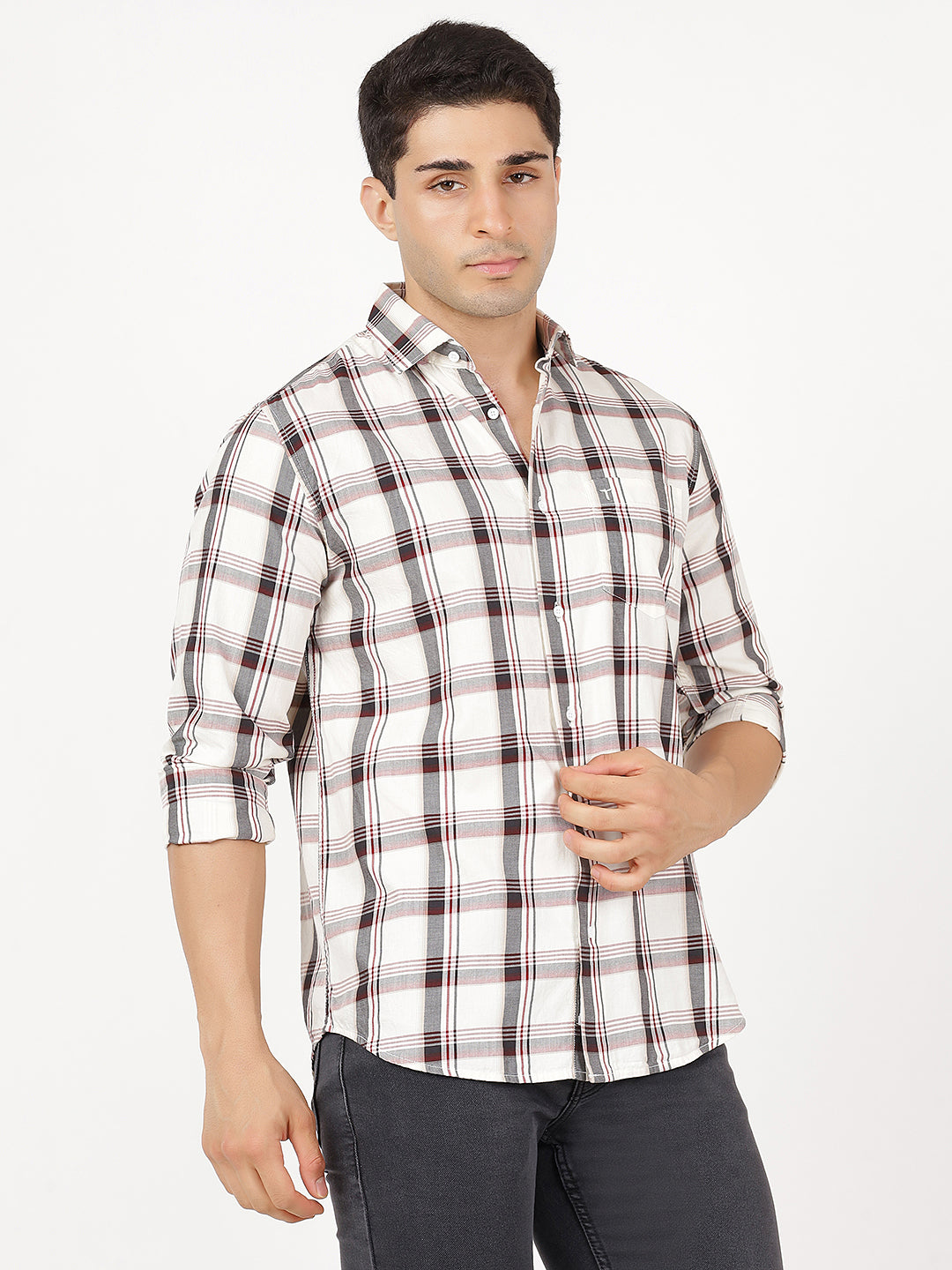 Check Long Sleeves White, Black & Maroon Big Check (100% Cotton)