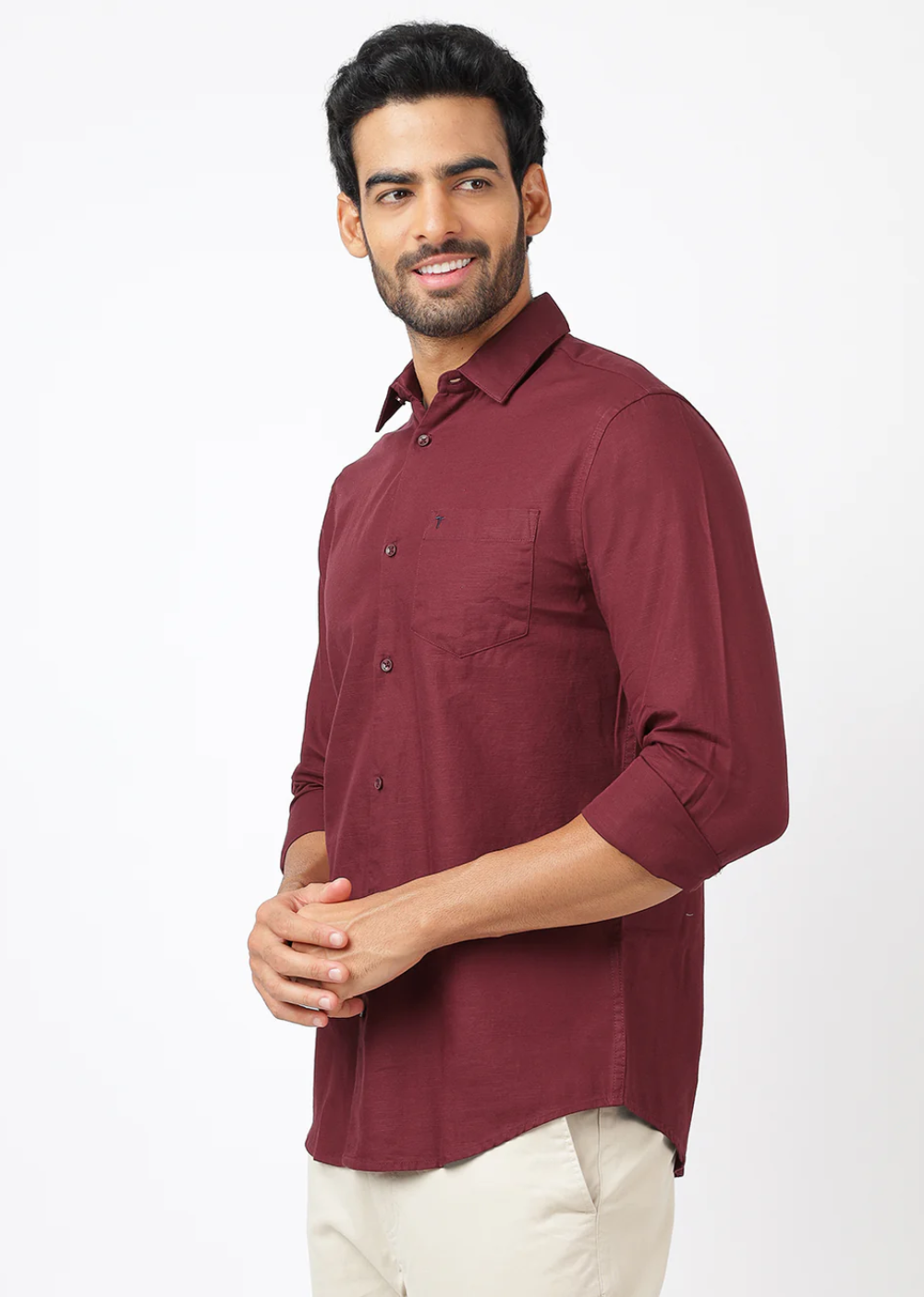Solid Long Sleeves Maroon Slub Twill (100% Cotton)