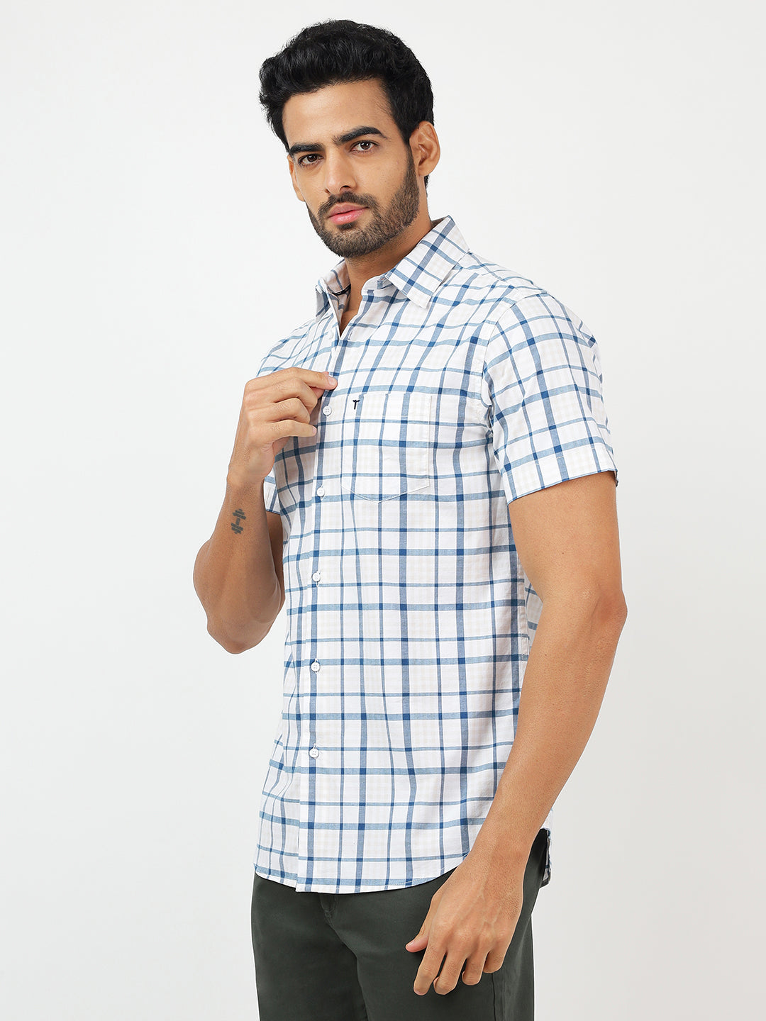 Check Short Sleeves White & Blue  (100% Cotton)