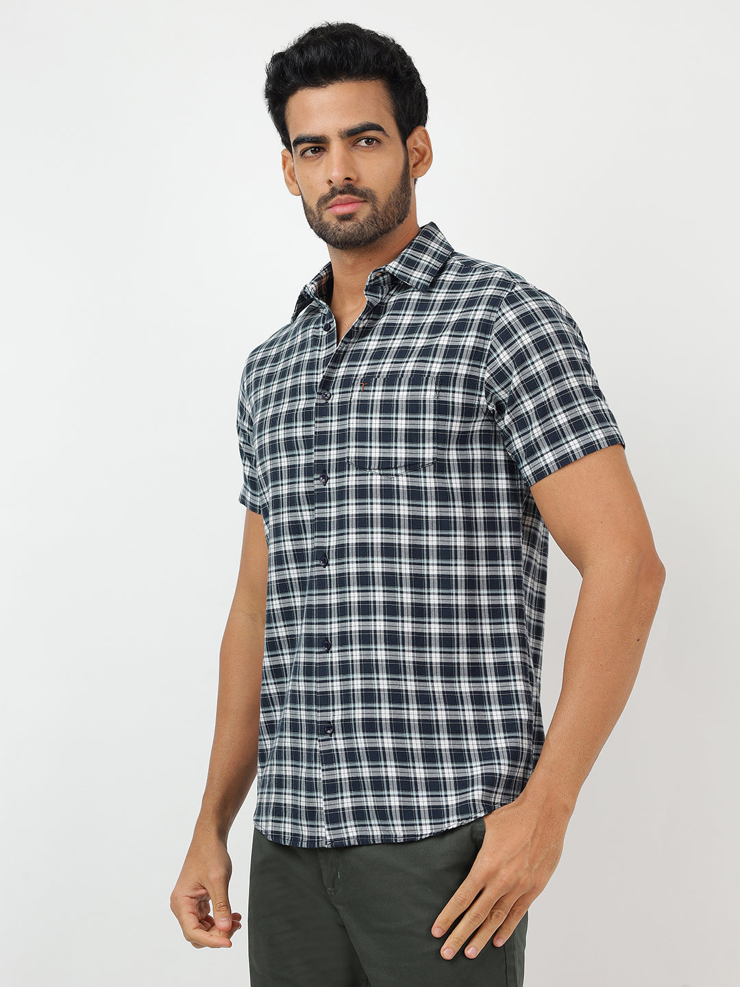 Check Short Sleeves Navy & White  (100% Cotton)