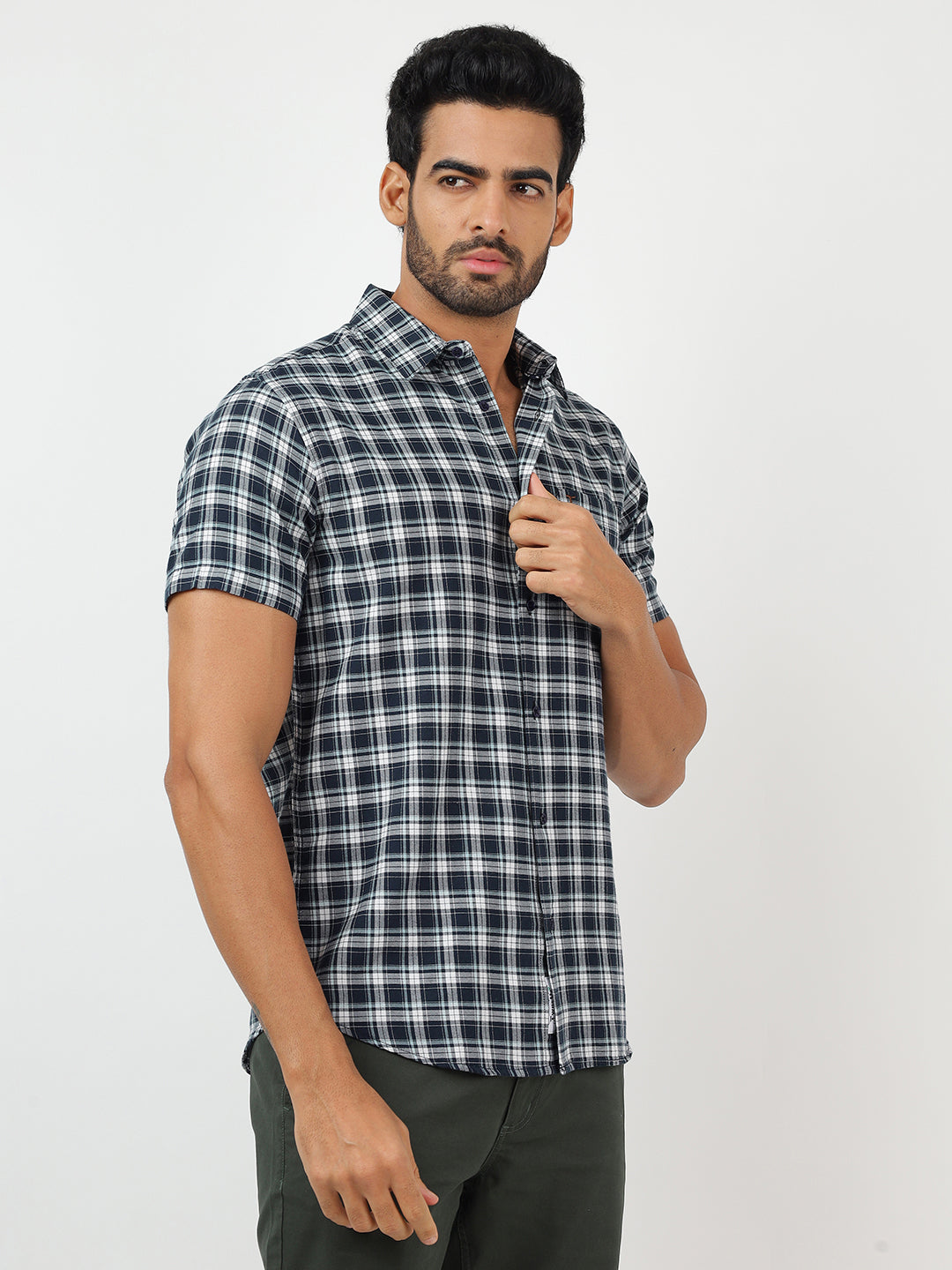 Check Short Sleeves Navy & White  (100% Cotton)