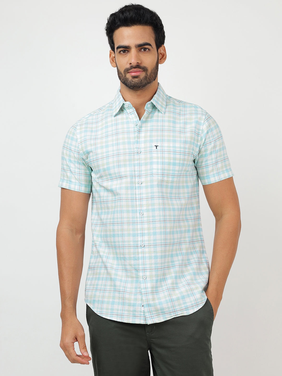 Check Short Sleeves Sky Blue & White (100% Cotton)