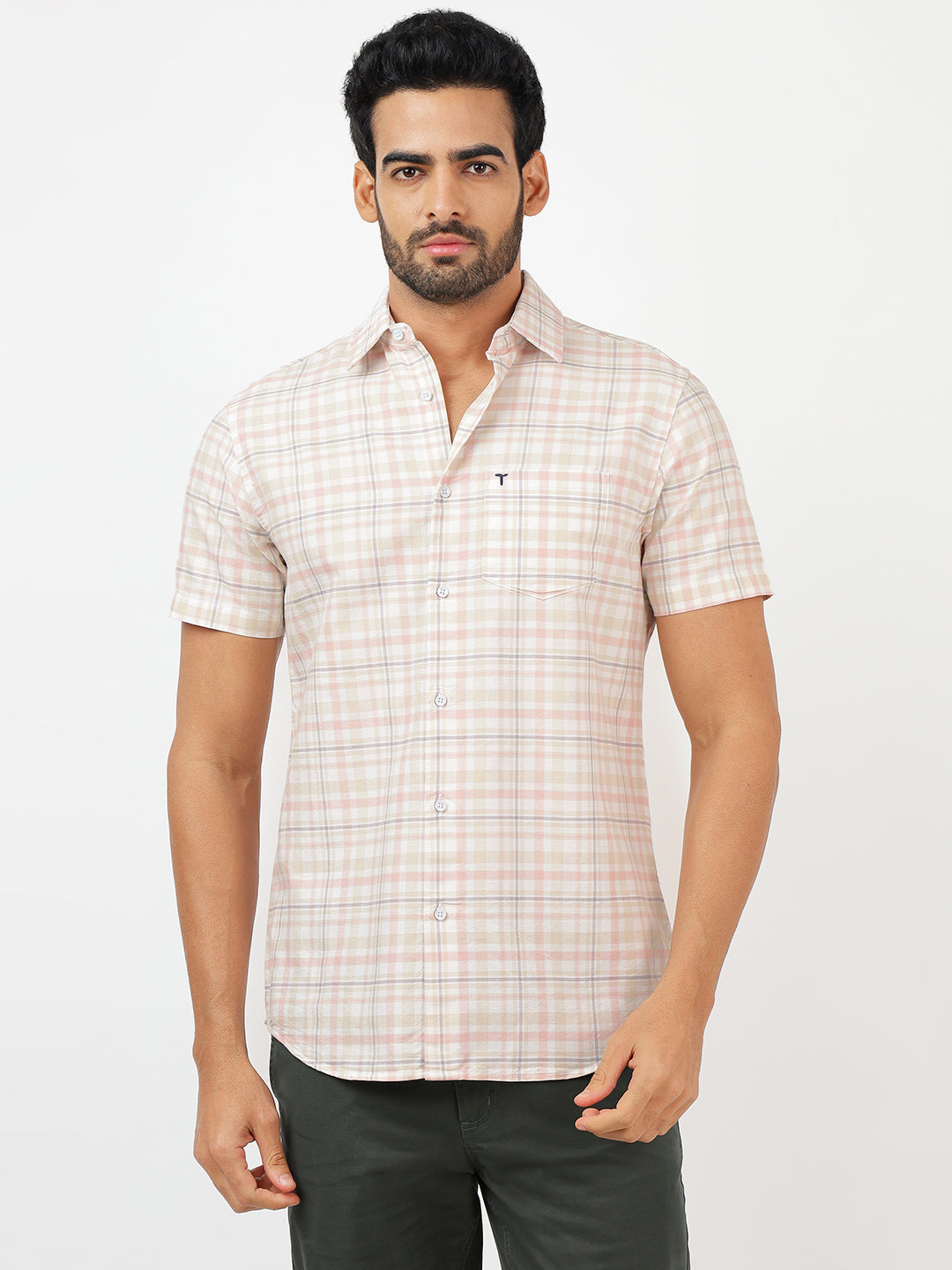 Check Short Sleeves White & Pink  (100% Cotton)