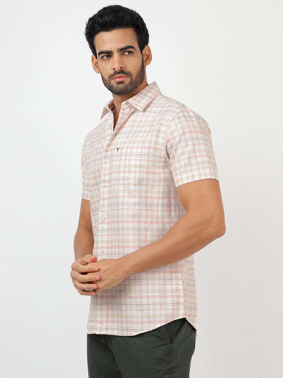 Check Short Sleeves White & Pink  (100% Cotton)