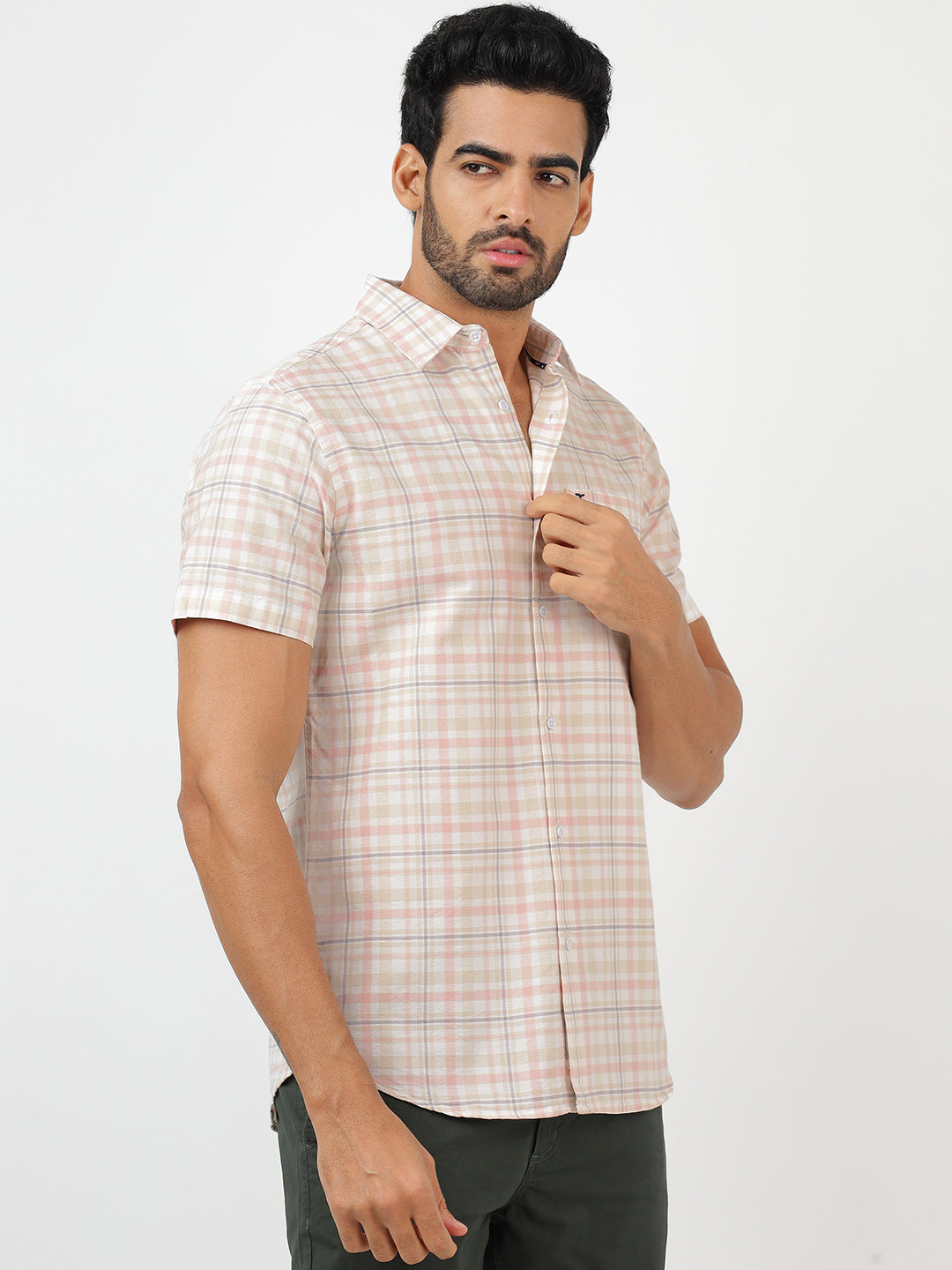 Check Short Sleeves White & Pink  (100% Cotton)