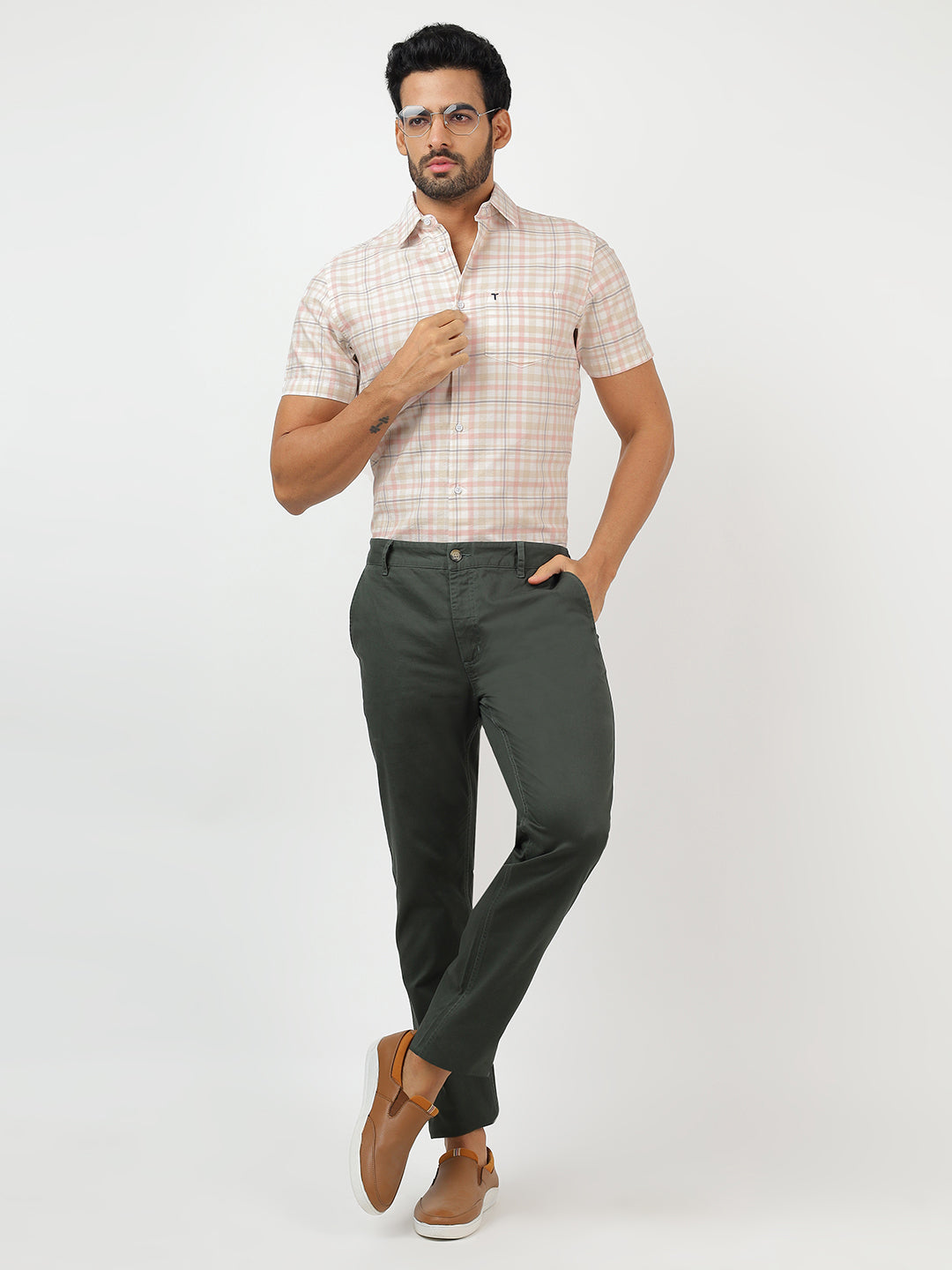 Check Short Sleeves White & Pink  (100% Cotton)