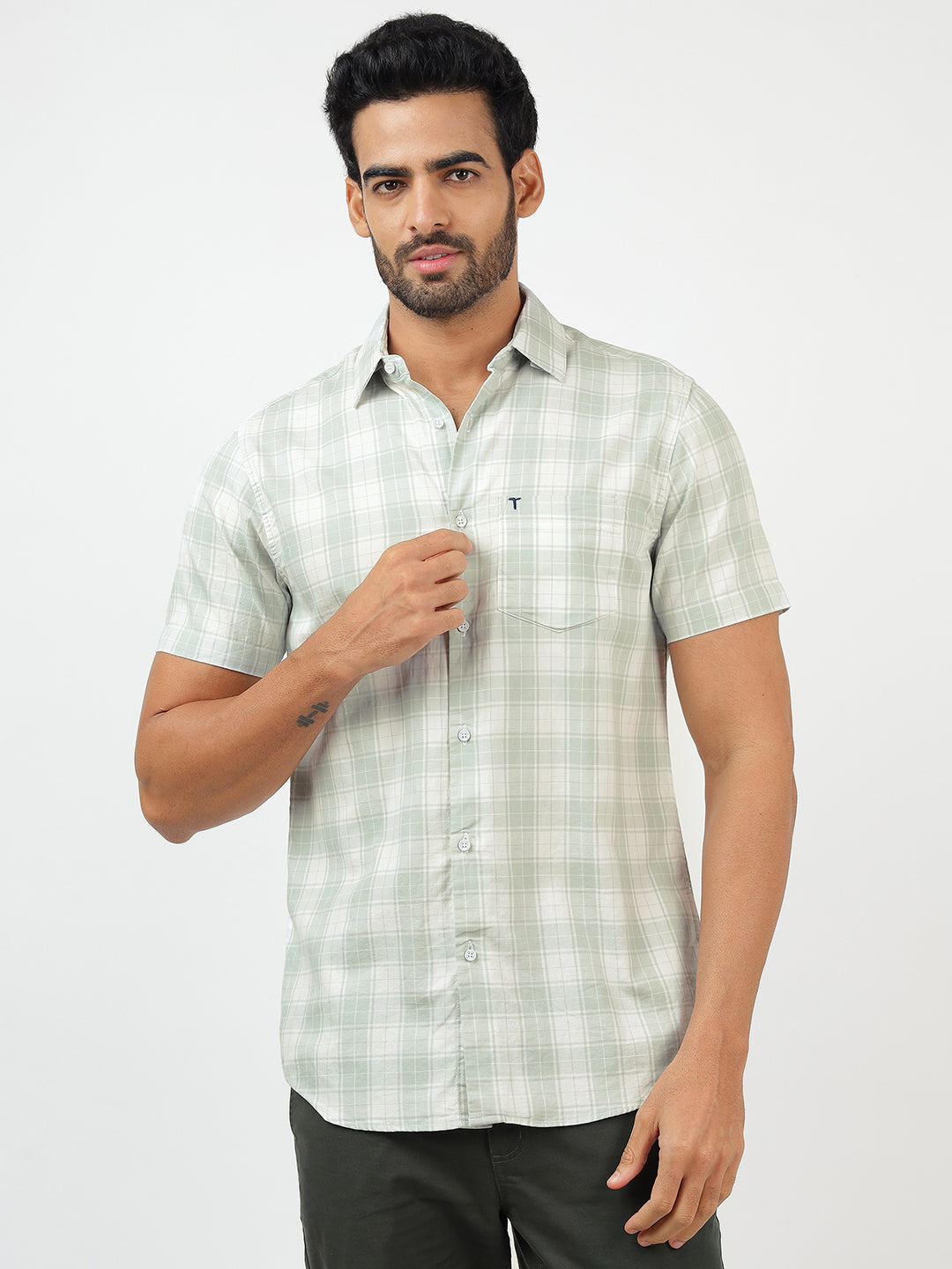 Check Short Sleeves White & Green (100% Cotton)