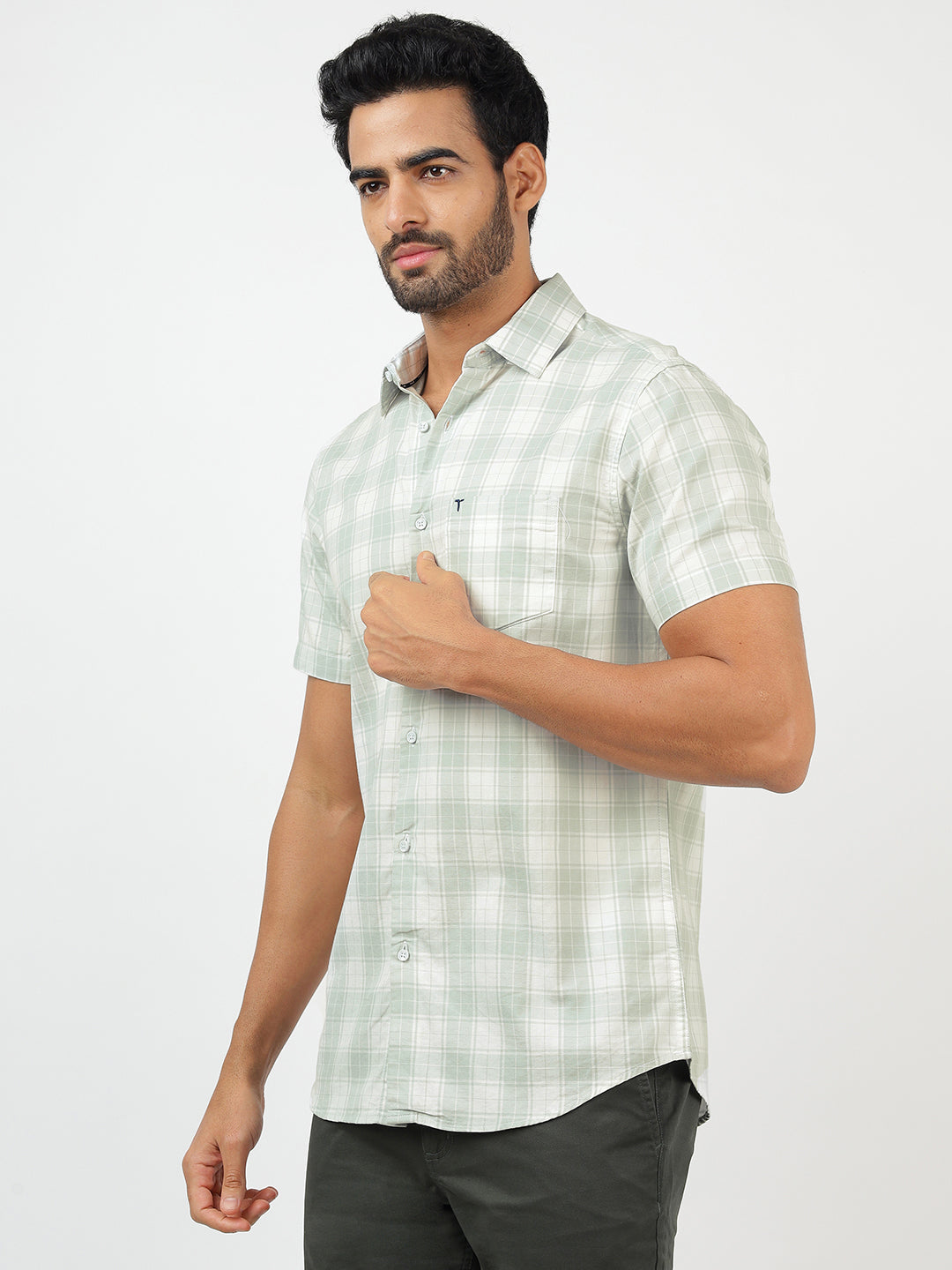 Check Short Sleeves White & Green (100% Cotton)