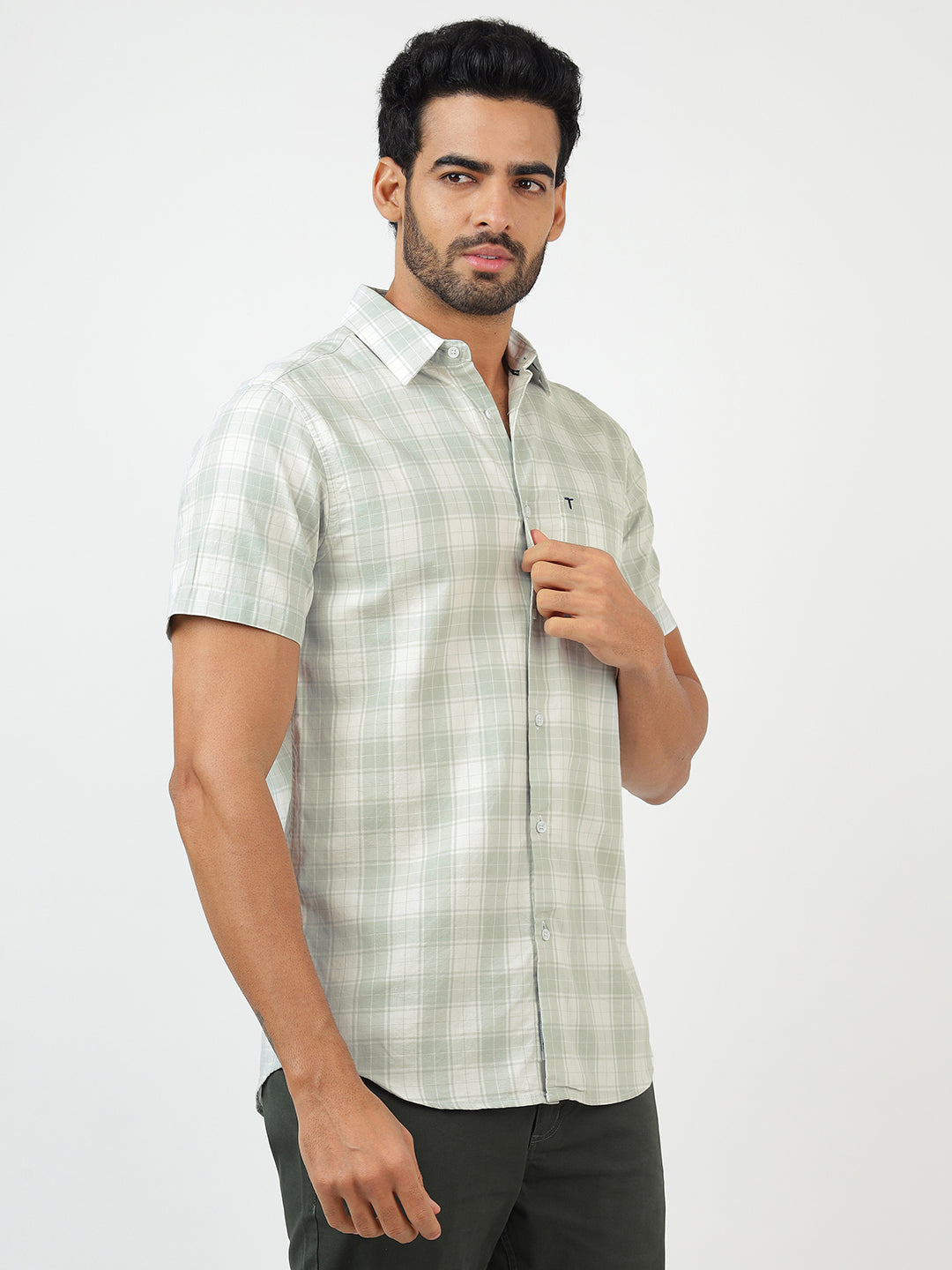 Check Short Sleeves White & Green (100% Cotton)