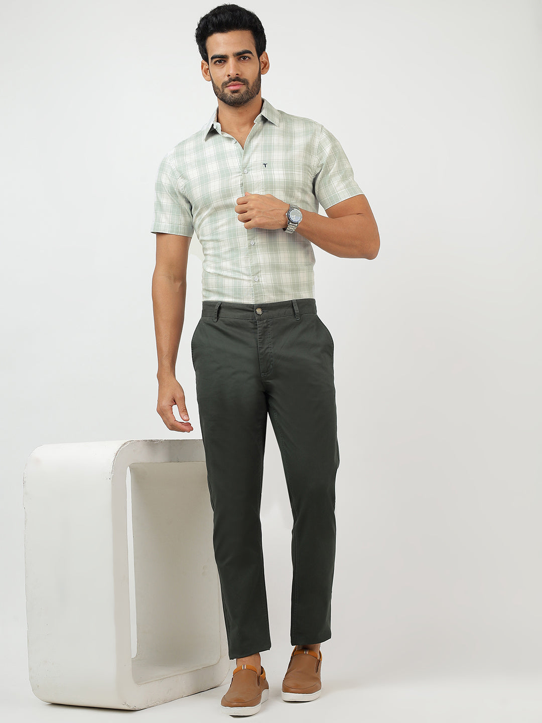 Check Short Sleeves White & Green (100% Cotton)