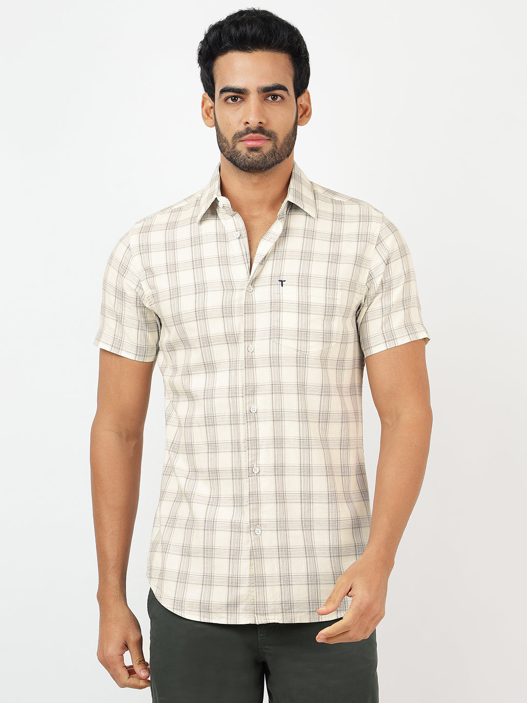 Check Short Sleeves Beige & Grey (100% Cotton)