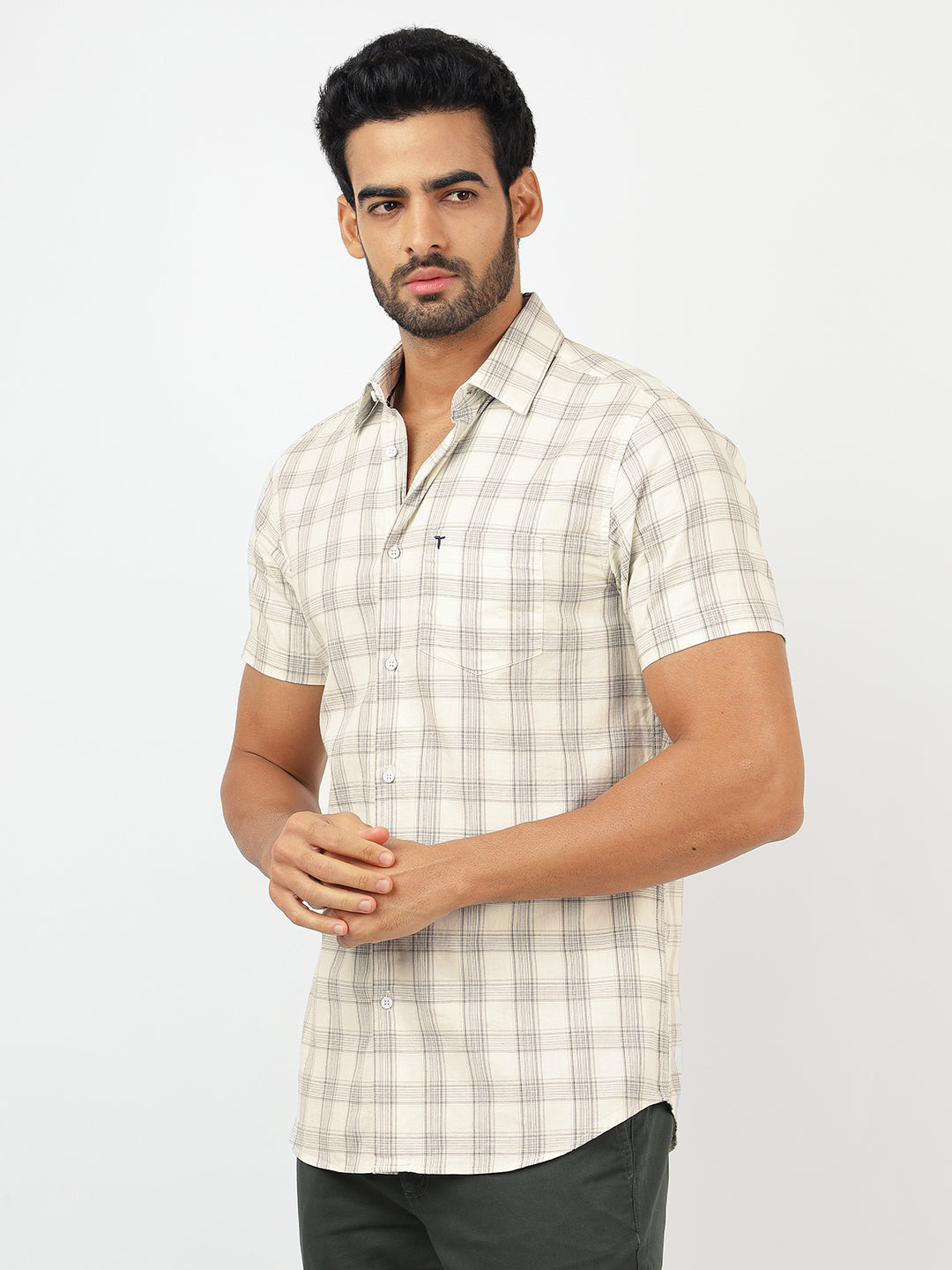 Check Short Sleeves Beige & Grey (100% Cotton)