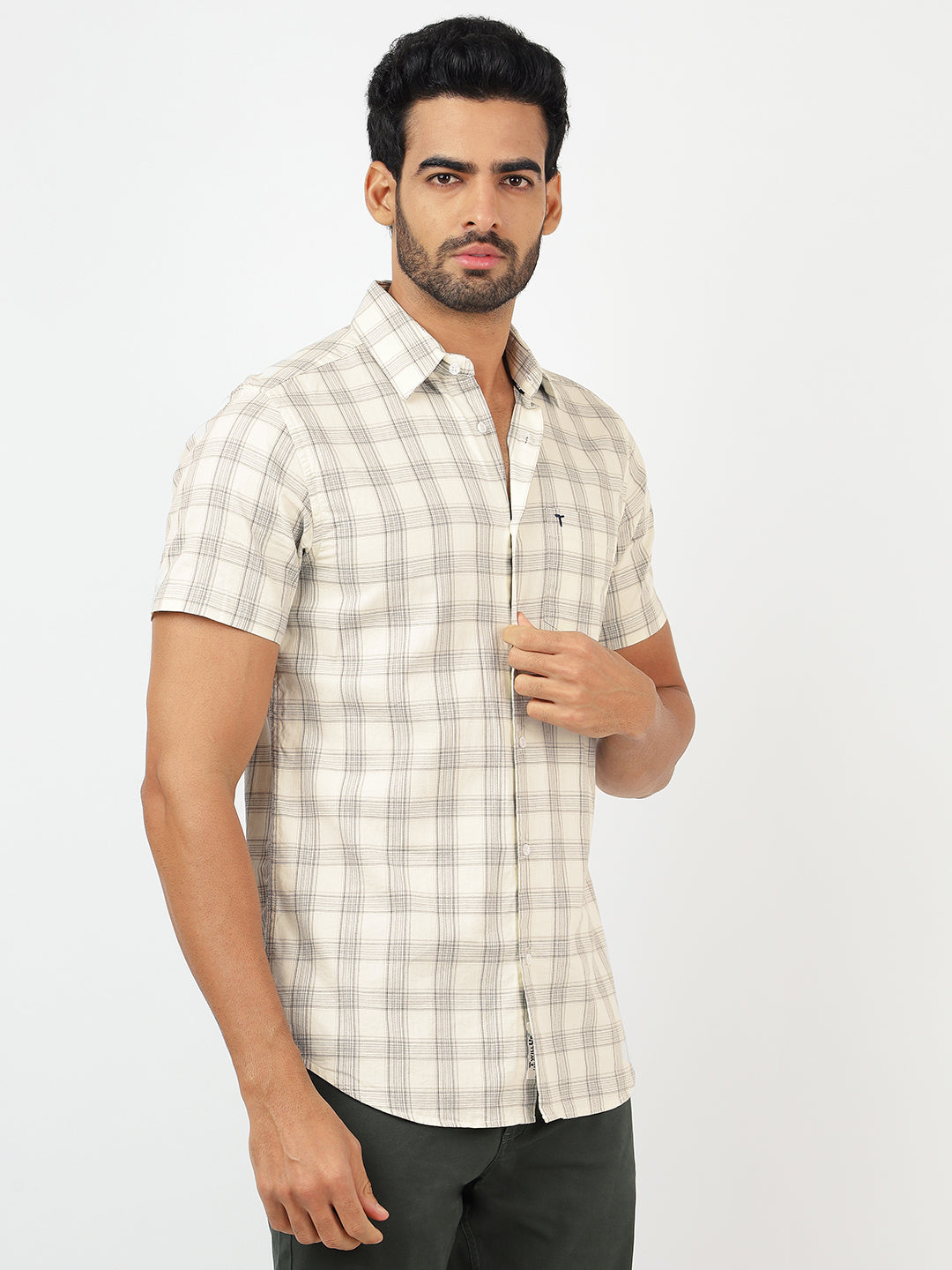 Check Short Sleeves Beige & Grey (100% Cotton)