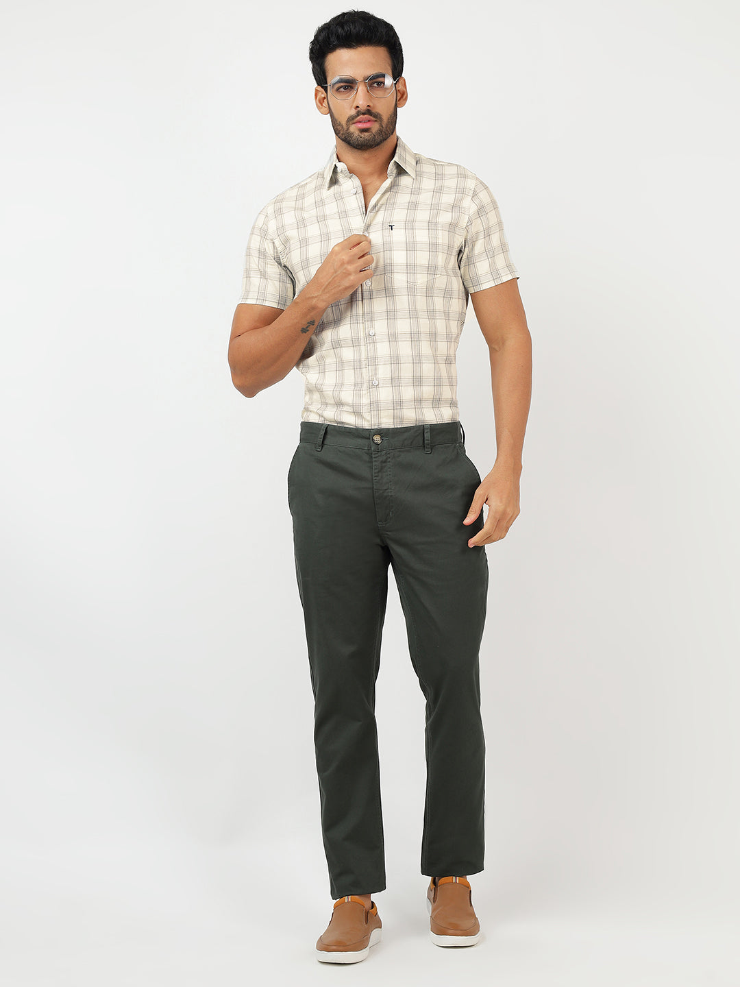 Check Short Sleeves Beige & Grey (100% Cotton)