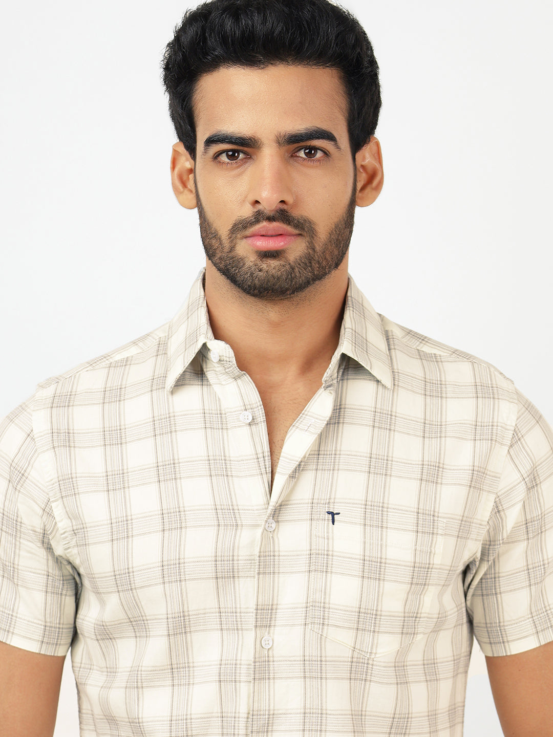 Check Short Sleeves Beige & Grey (100% Cotton)